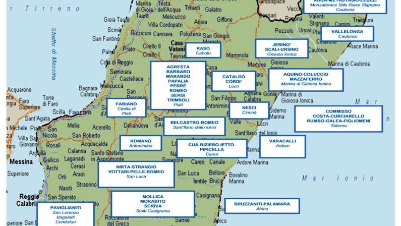 La mappa delle cosche di ‘ndrangheta
disseminate sul territorio calabrese