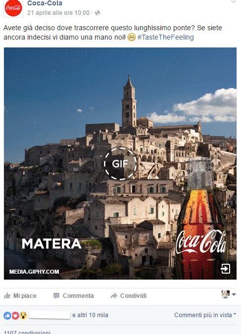 Anche Coca Cola tifa per i Sassi, su fb l’invito a visitare Matera capitale del turismo culturale