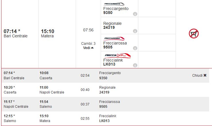Bari-Matera in 8 ore: Trenitalia consiglia di passare da Caserta