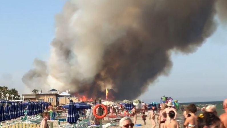 VIDEO - Metaponto, lidi a rischio per l'incendioBagnanti assistono all'avvicinarsi delle fiamme