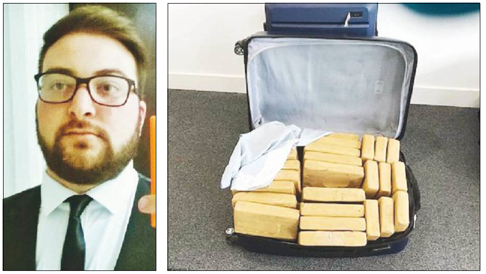 Alessandro Iembo e una delle 15 valigie piene di cocaina sequestrate in Hampshire