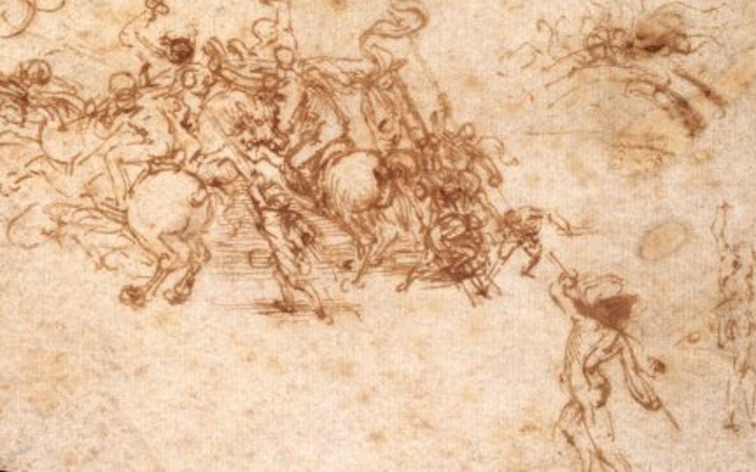 Mischia tra cavalieri, un ponte e figure isolate, Leonardo: dettaglio di uno studio per la Battaglia di Anghiari  (dal sito delle  Gallerie dell’Accademia, Venezia)