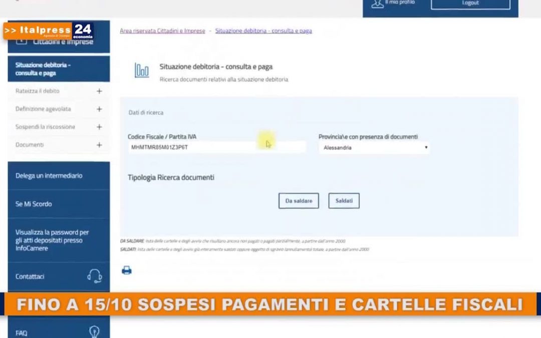 Fino a 15/10 sospesi pagamenti e cartelle fiscali