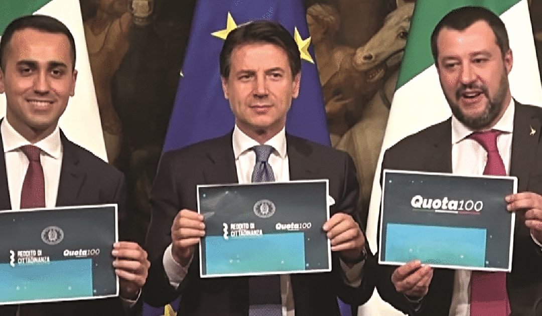 Di Maio, Conte e Salvini alla presentazione di Quota 100