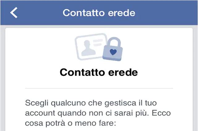 La pagina di Facebook per scegliere il contatto erede