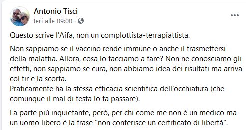 Tisci scivola sul vaccino anti-Covid: «Perché farlo se non sappiamo se rende immuni?»