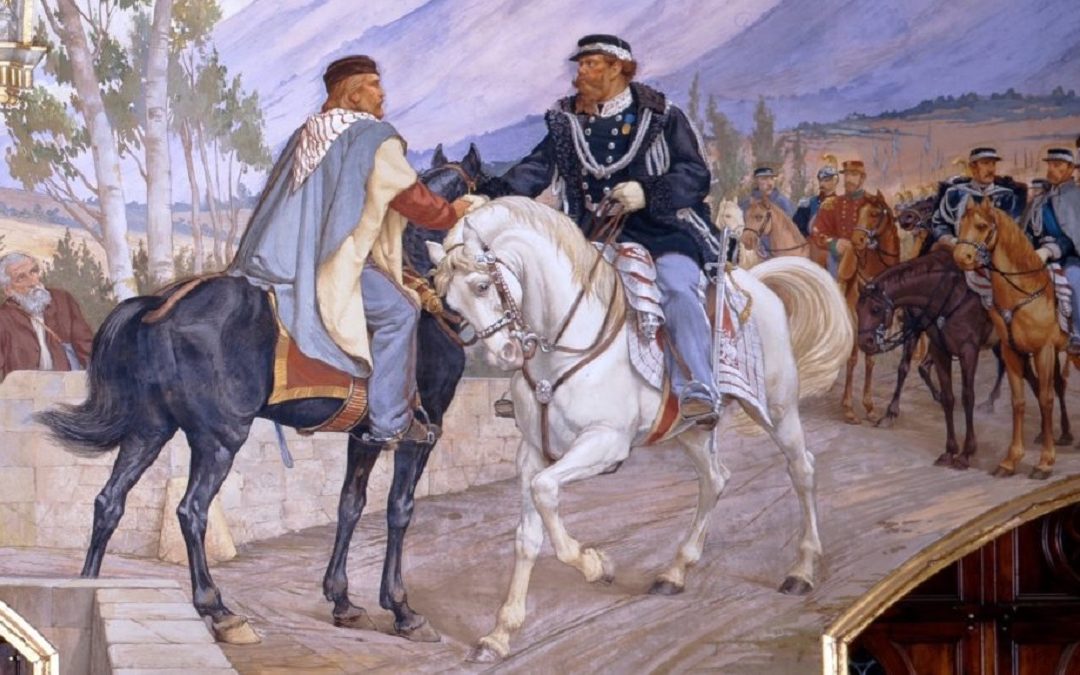 La stretta di mano tra Giuseppe Garibaldi e Vittorio Emanuele II nell'affresco di Pietro Aldi
