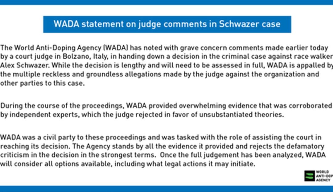 Schwazer assolto, Wada non ci sta “Accuse infondate”
