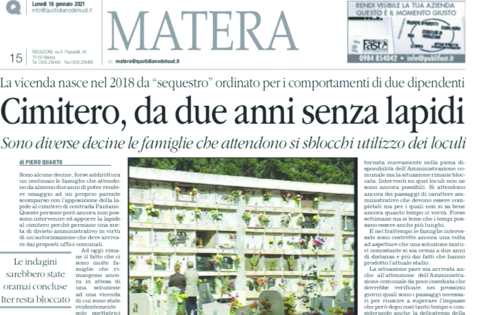 Cimitero di Matera, sbloccati i loculi senza lapidi