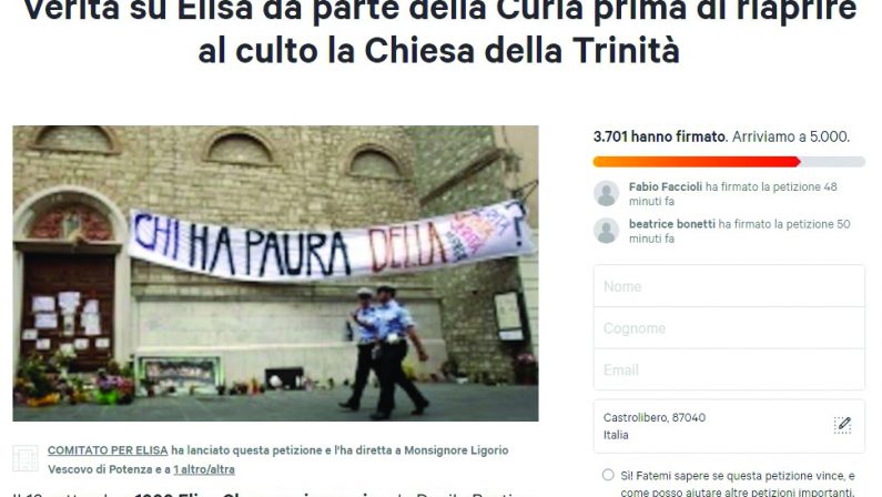 Riapertura della Trinità a Potenza, la petizione del "Comitato per Elisa" verso le 5.000 firme