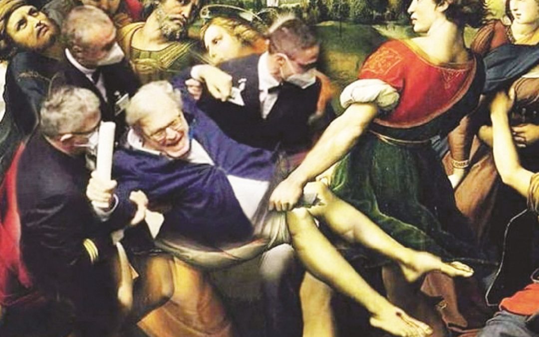 Dettagli di una sovrapposizione fotografica di  Sgarbi portato via di peso dalla Camera  con  la Deposizione di Raffaello