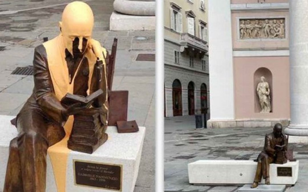 La statua di Gabriele D'Annunzio imbrattata e, poi, ripulita