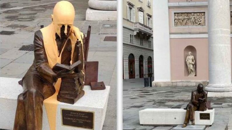 Trieste, imbrattata con la vernice la statua di Gabriele D'Annunzio
