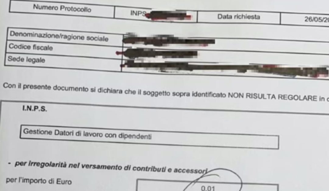 Debito di un centesimo con l’Inps, azienda non ottiene il Durc. Ma aveva già cessato l’attività