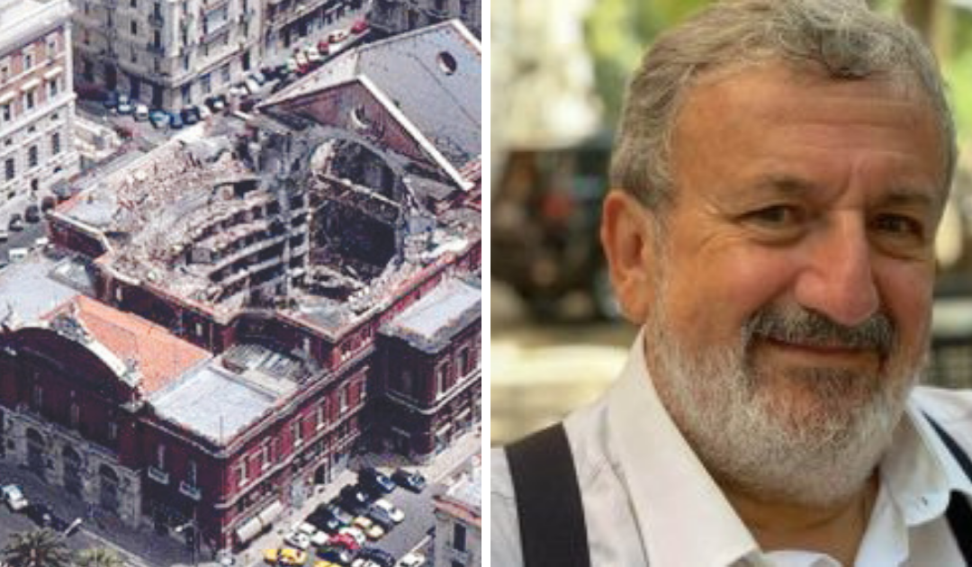 Un'immagine del teatro Petruzzelli dopo l'incendio che lo distrusse e accanto Michele Emiliano