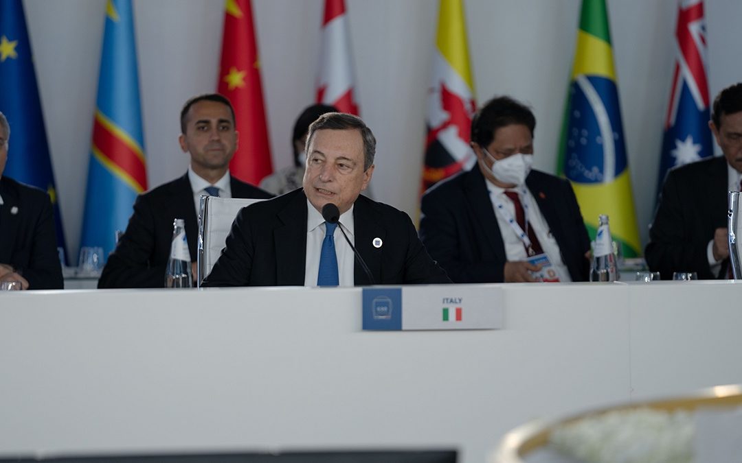 Mario Draghi durante il discorso di apertura del G20 di Roma