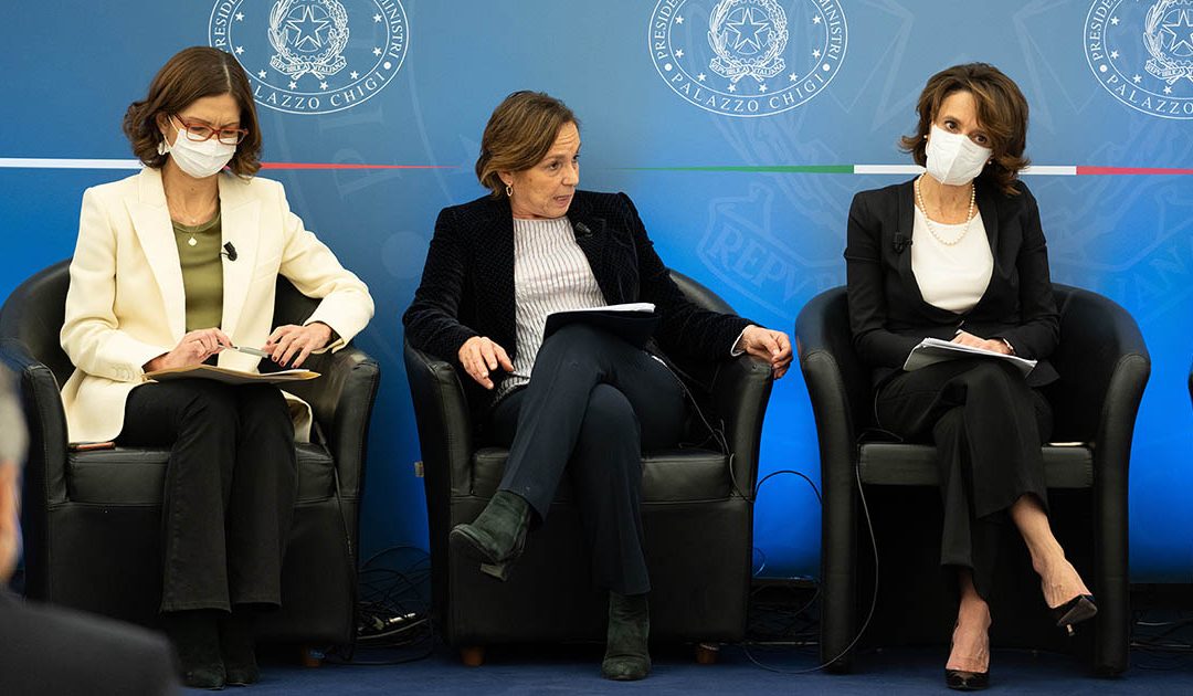 Le Ministre Luciana Lamorgese, Elena Bonetti, Mariastella Gelmini alla conferenza stampa di presentazione del disegno di legge contro la violenza sulle donne approvato al Consiglio dei Ministri.