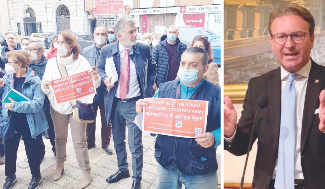 La recente protesta di alcuni azionisti davanti agli uffici storici della Banca Popolare; a lato, il senatore Damiani