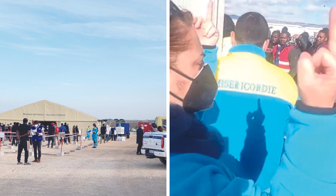 Torre Antonacci  in cui vivono braccianti in condizioni disumane. Accanto il gesto della volontaria sospesa