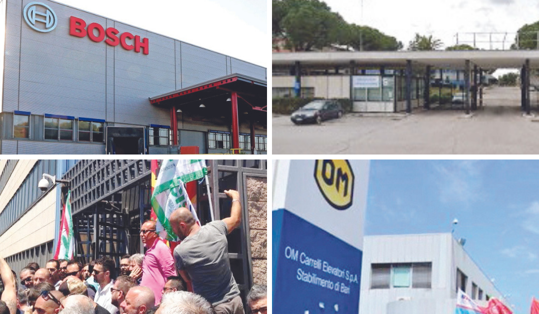 Lo stabilimento Bosch di Bari, i cancelli dell’ex Osram oggi Baritech, una manifestazione davanti all’ex Ilva, le officine dell’ex Om carrelli