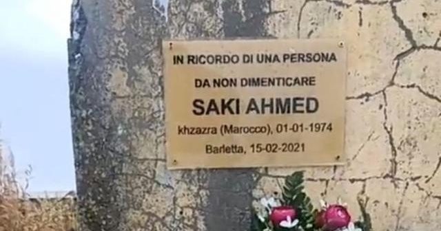 A Barletta una targa per ricordare Ahmed, il bracciante morto di freddo