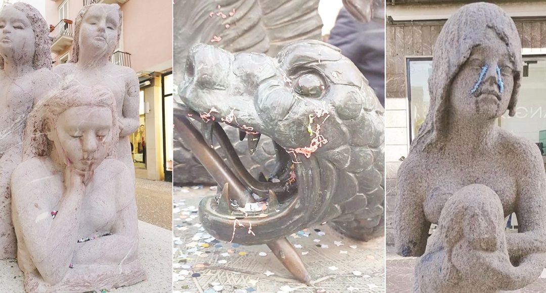 Alcune delle statue del Mab di Cosenza imbrattate