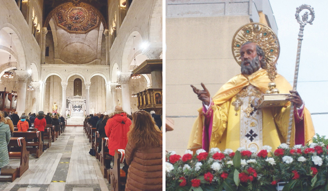 I fedeli in preghiera nella Basilica e la statua di San Nicola