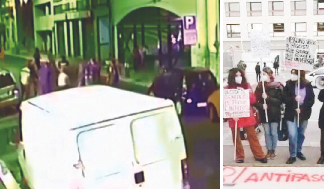 Un momento dell’aggressione ripreso dalle telecamere e un presidio antifascista davanti al Palazzo di giustizia