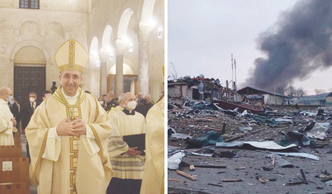 Il Vescovo Giuseppe Satriano e un’immagine della città dopo i bombardamenti russi