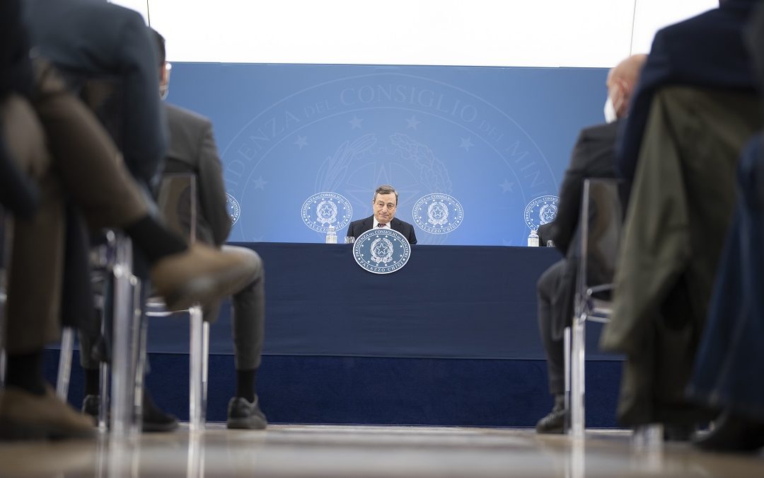 Il Presidente del Consiglio, Mario Draghi, durante la conferenza stampa dello scorso 6 aprile