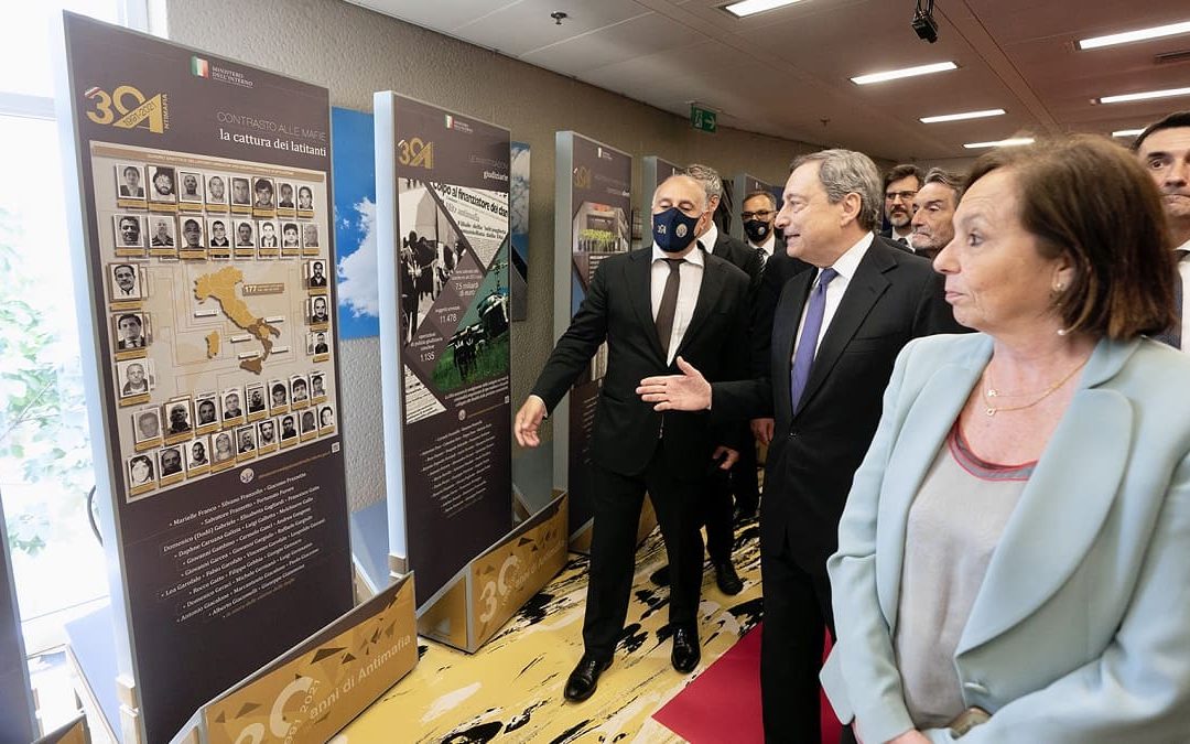 Draghi, Lamorgese e Giannini all’inaugurazione della mostra “Antimafia itinerante”