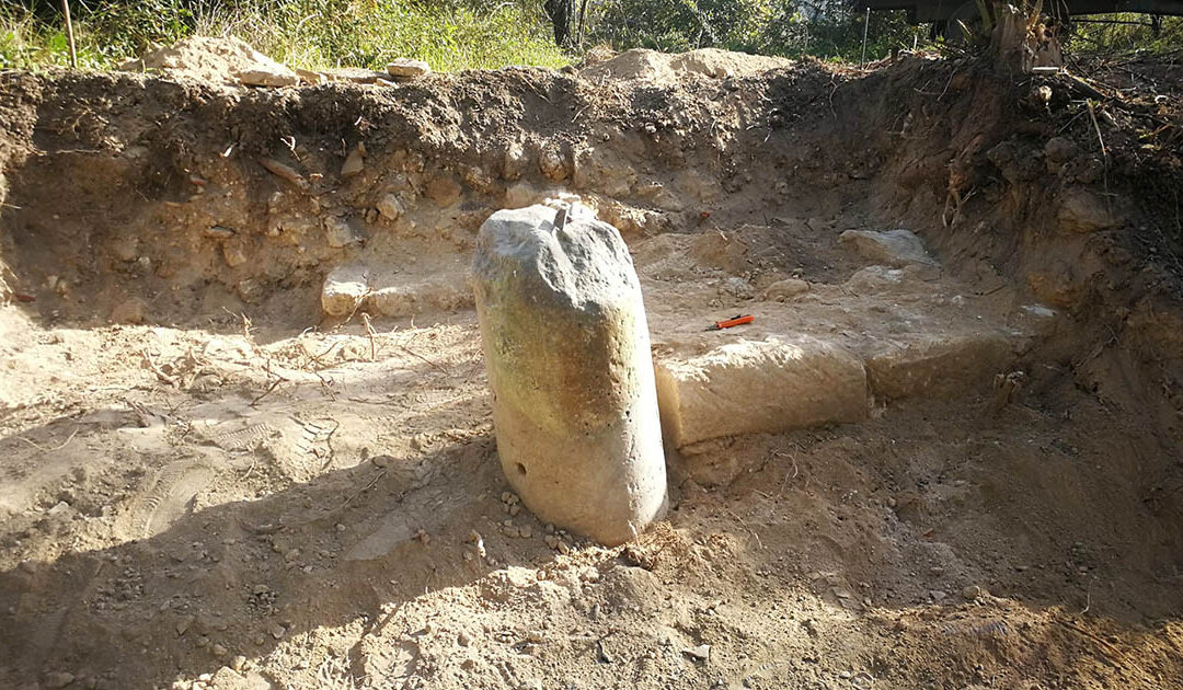 Il saggio di scavo con la colonna e il muro perimetrale scoperto a Mileto