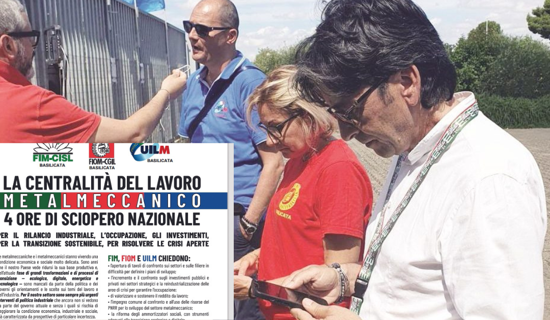 I segretari generali lucani di Fiom-Cgil, Fim-Cisl e Uilm-Uil davanti ai cancelli di Stellantis e il volantino che illustra le ragioni dello sciopero