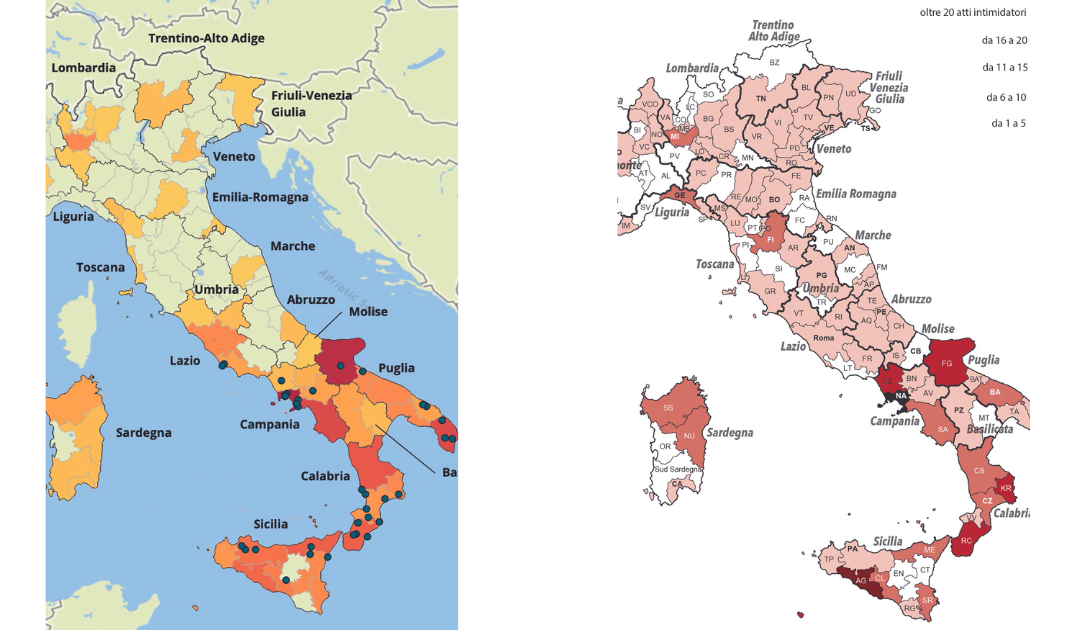 La mappa delle intimidazioni agli amministratori elaborata da Avviso pubblico; a lato: la cartina per province che vede Reggio e Crotone in zona rossa