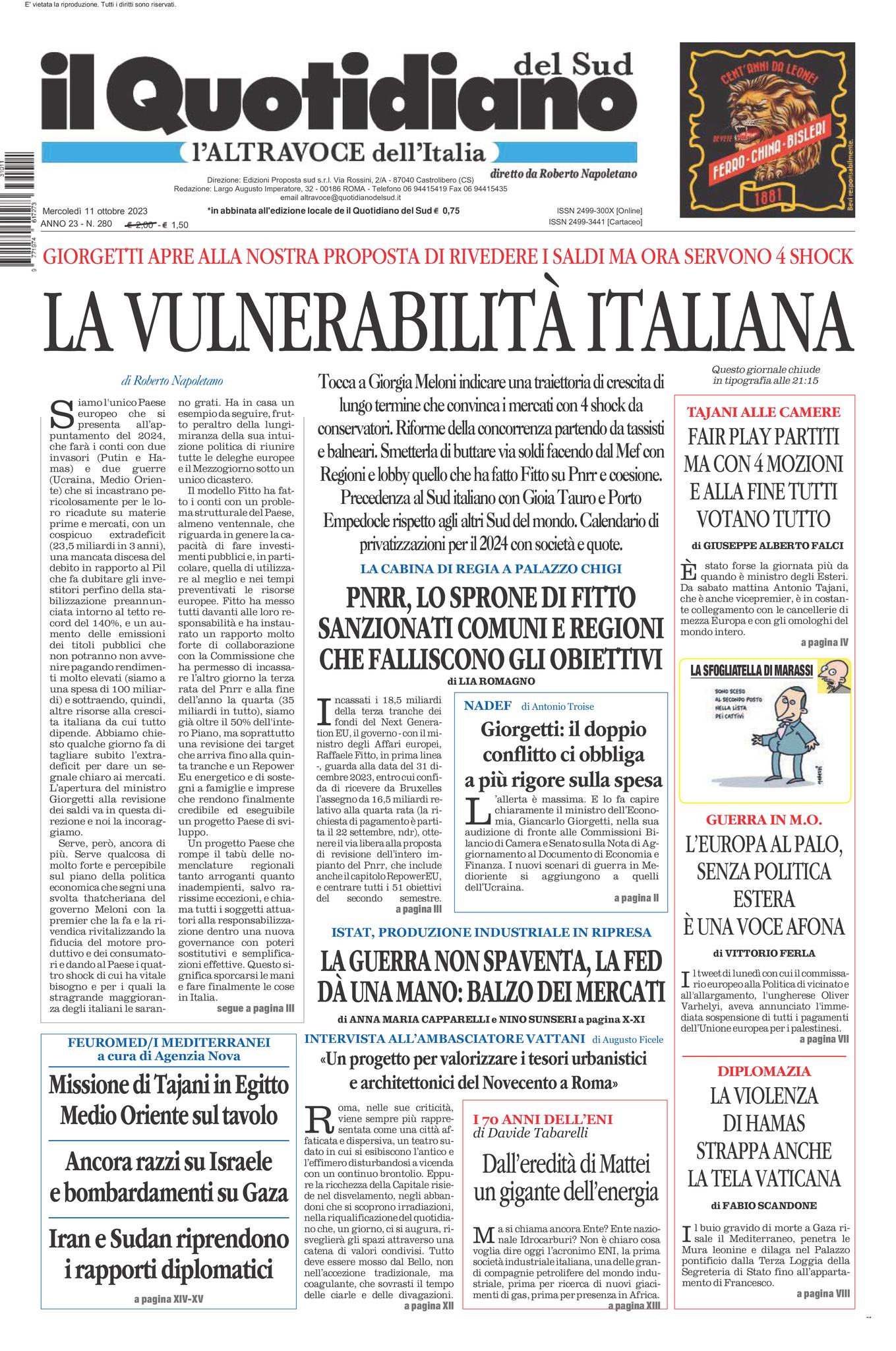 La prima pagina de l’ALTRAVOCE dell’ITALIA in edicola oggi