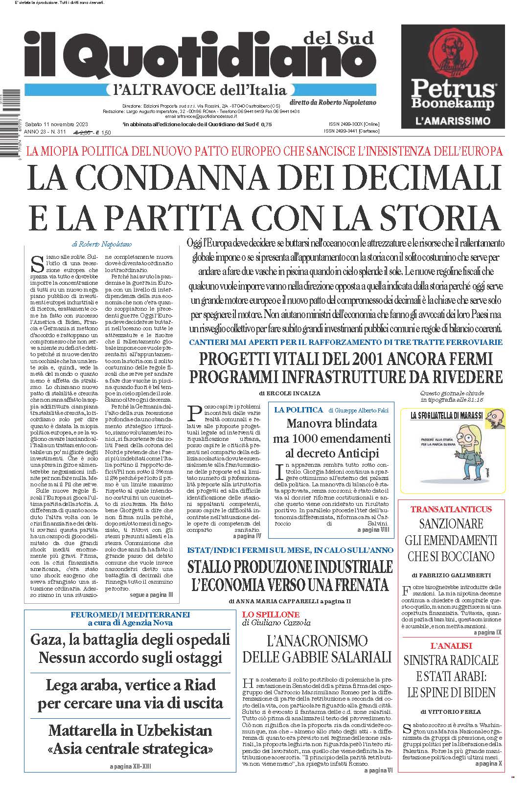 La prima pagina de l’ALTRAVOCE dell’ITALIA in edicola oggi