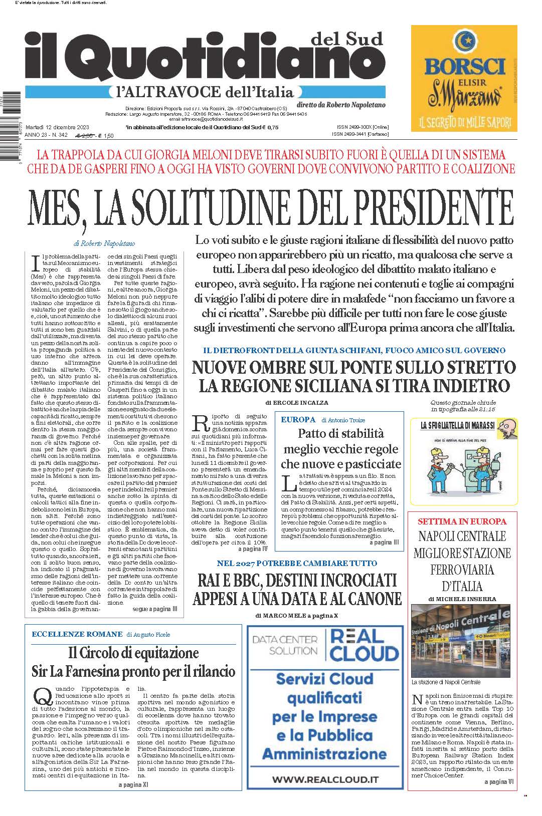 La prima pagina de l’ALTRAVOCE dell’ITALIA in edicola oggi