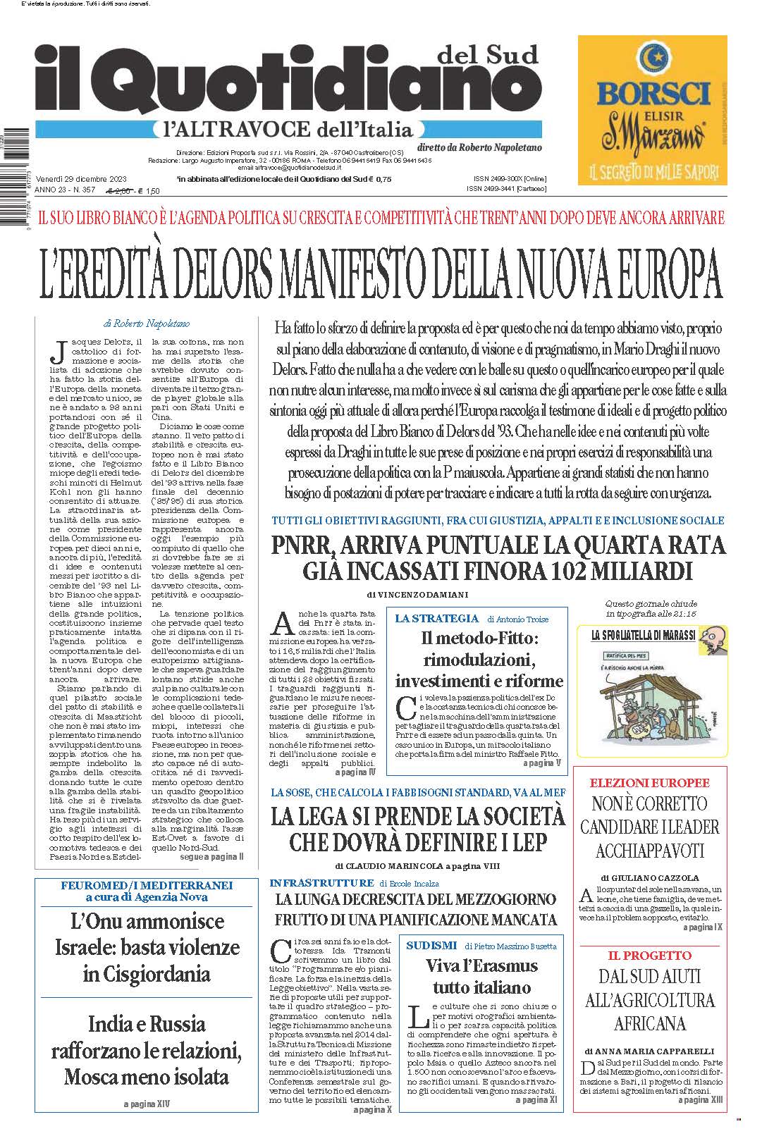 La prima pagina de l’ALTRAVOCE dell’ITALIA in edicola oggi