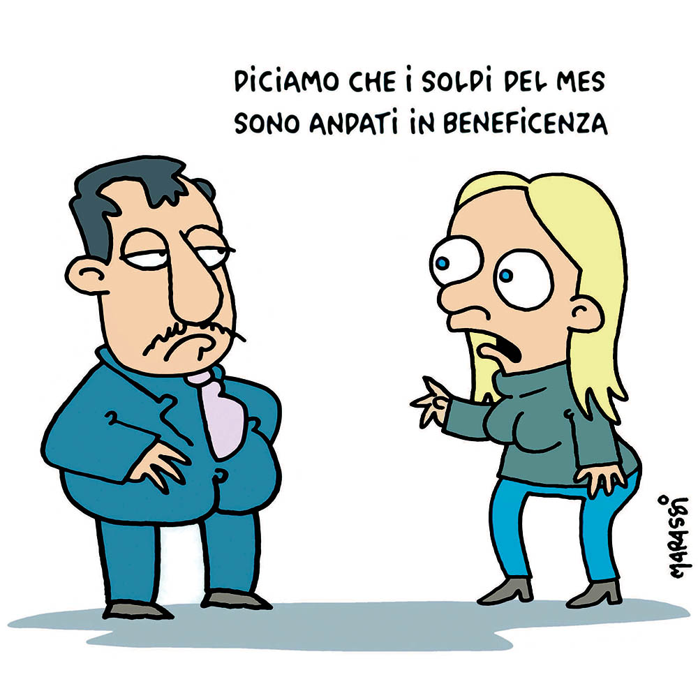 Matteo Salvini e Giorgia Meloni in "salsa Ferragni" sul Mes nella sfogliatella di Riccardo Marassi del 22 dicembre 2023