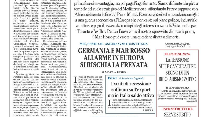 La prima pagina de l’ALTRAVOCE dell’ITALIA in edicola oggi
