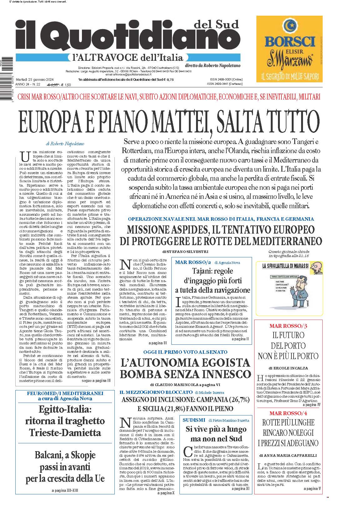 La prima pagina de l’ALTRAVOCE dell’ITALIA in edicola oggi