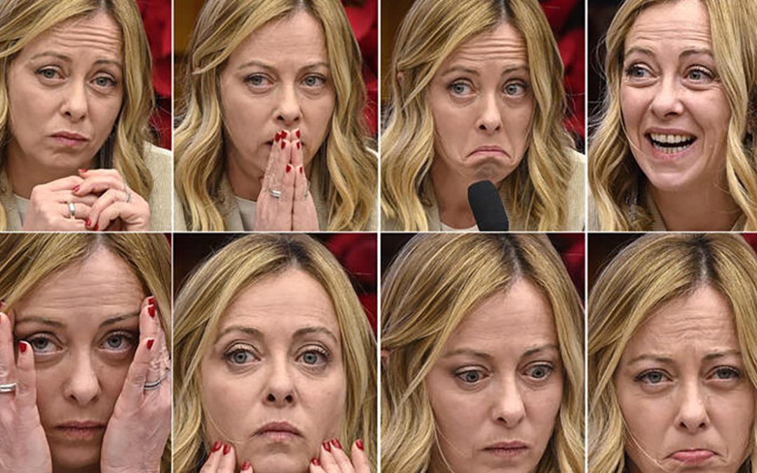 Le espressioni di Giorgia Meloni durante la conferenza stampa di inizio anno (foto Ansa)