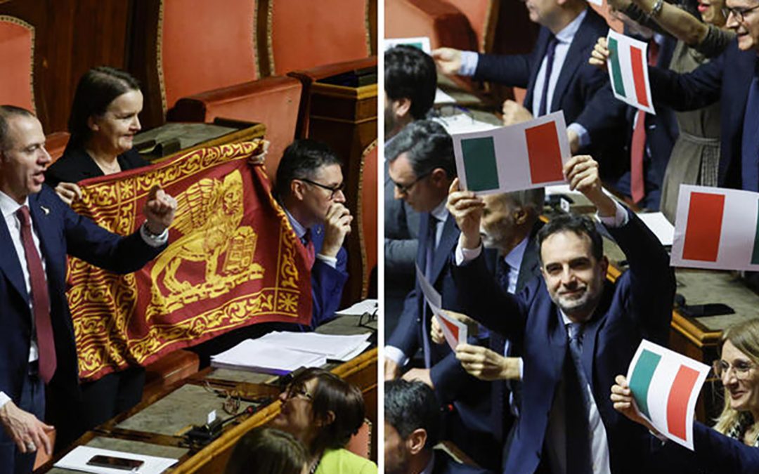 Sventolano in Senato le bandiere della Serenissima e il tricolore