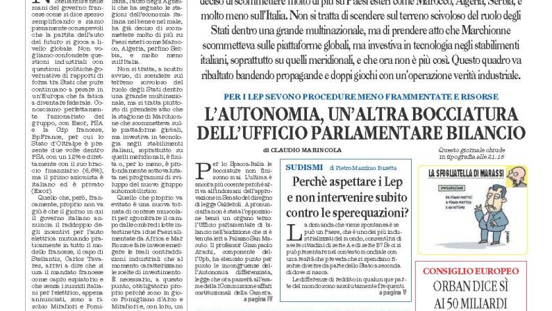 La prima pagina de l’ALTRAVOCE dell’ITALIA in edicola oggi