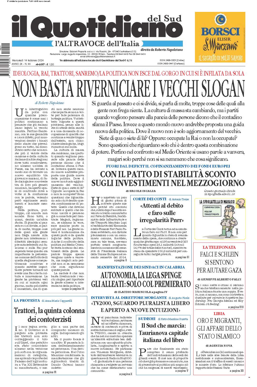 La prima pagina de l’ALTRAVOCE dell’ITALIA in edicola oggi