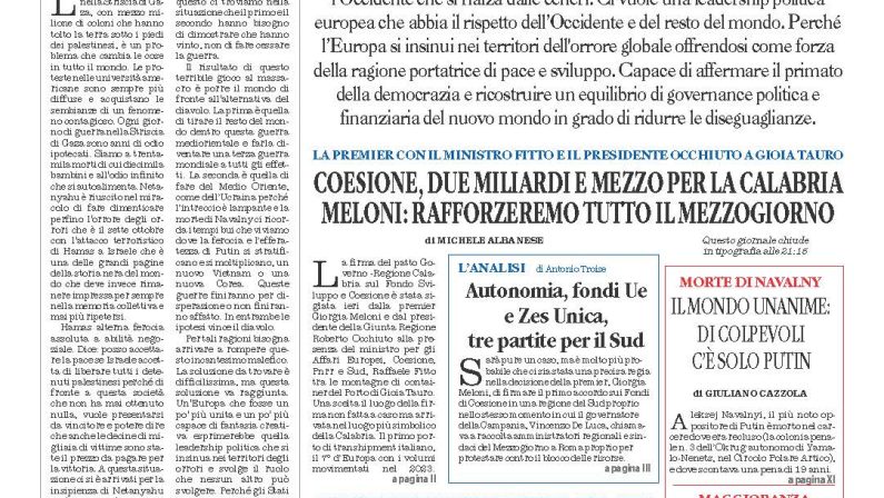 La prima pagina de l’ALTRAVOCE dell’ITALIA in edicola oggi