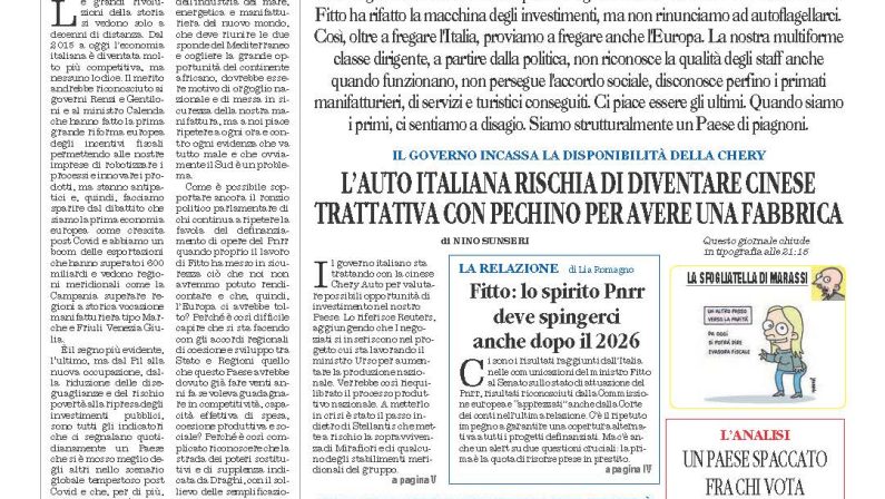 La prima pagina de l’ALTRAVOCE dell’ITALIA in edicola oggi