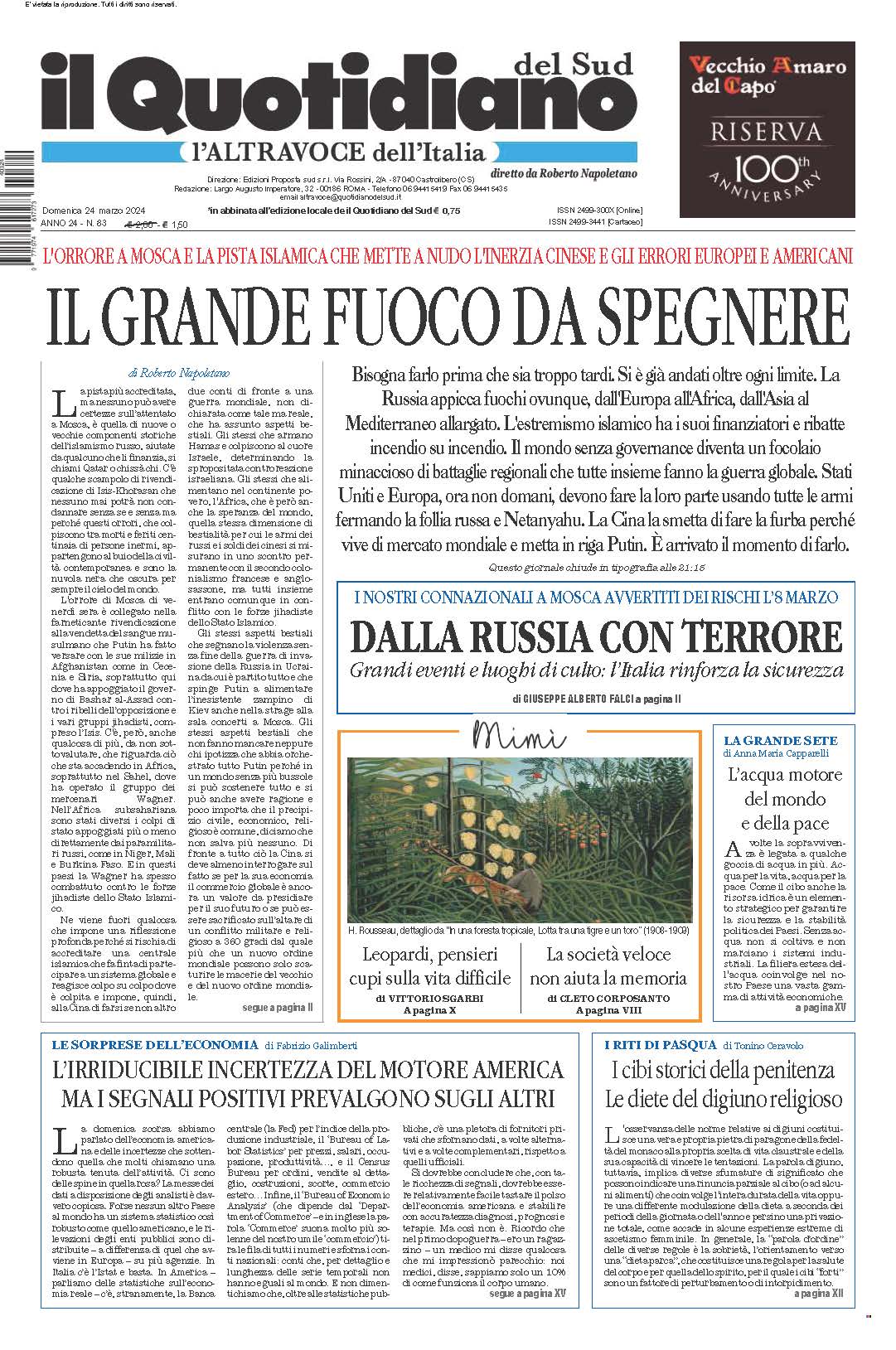 La prima pagina de l’ALTRAVOCE dell’ITALIA in edicola oggi