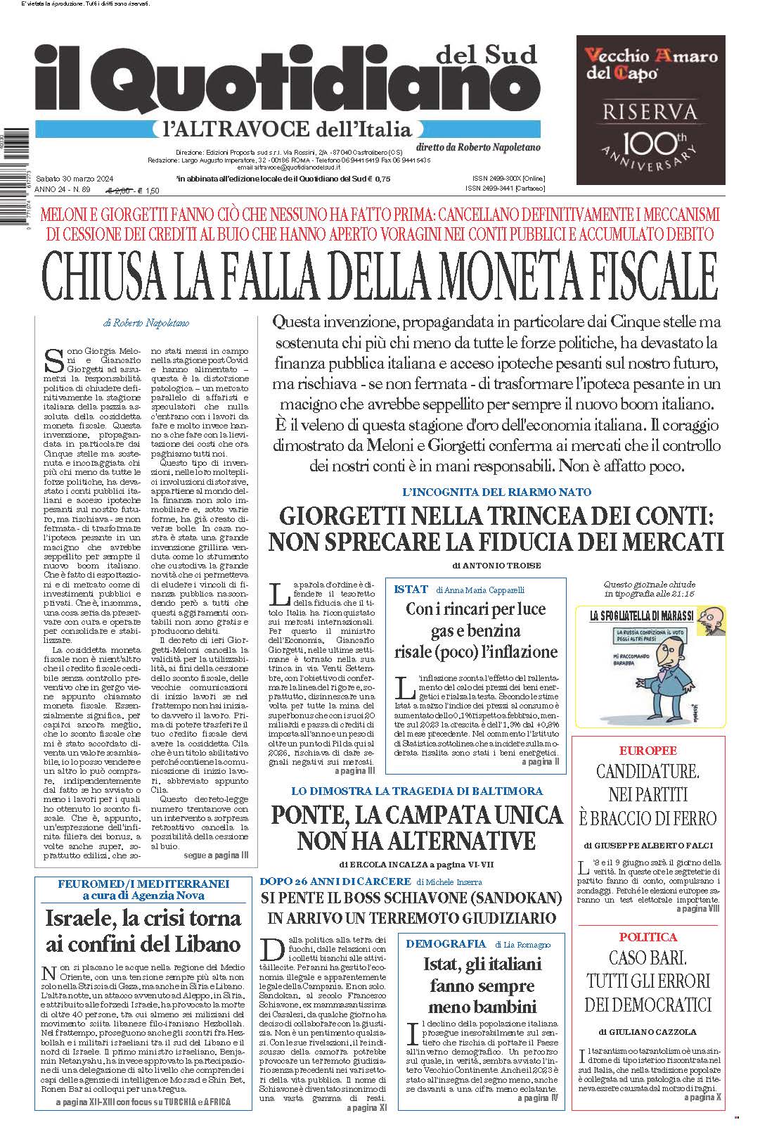 La prima pagina de l’ALTRAVOCE dell’ITALIA in edicola oggi
