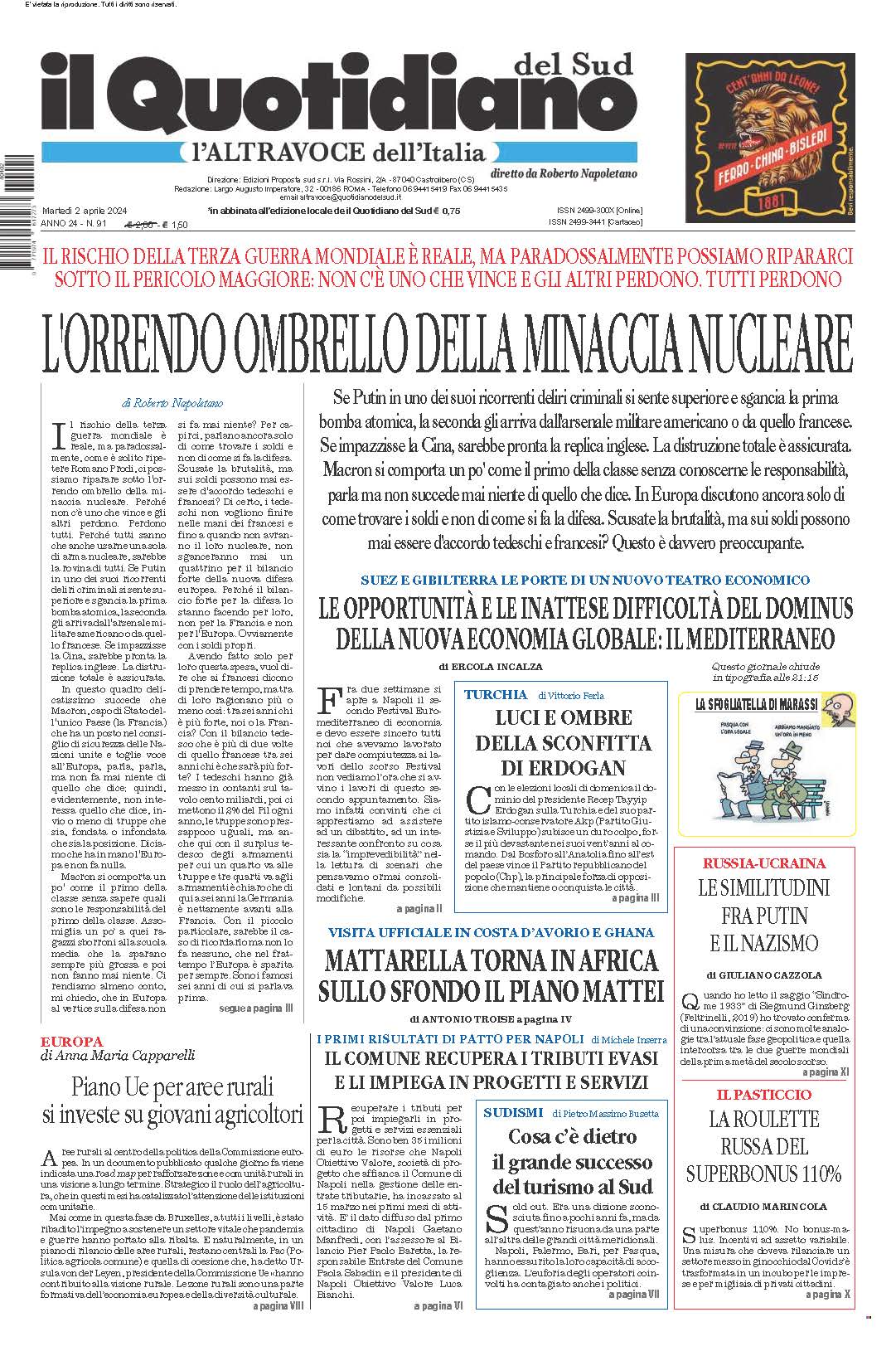 La prima pagina de l’ALTRAVOCE dell’ITALIA in edicola oggi